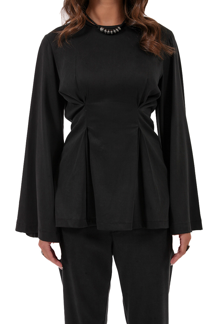 PLEATED BLOUSE WITH FLARED SLEEVES BLACK