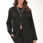 BLOUSE WITH FRONT SLIT AND LOGO BUTTON BLACK