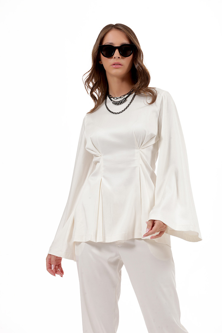 PLEATED BLOUSE WITH FLARED SLEEVES WHITE