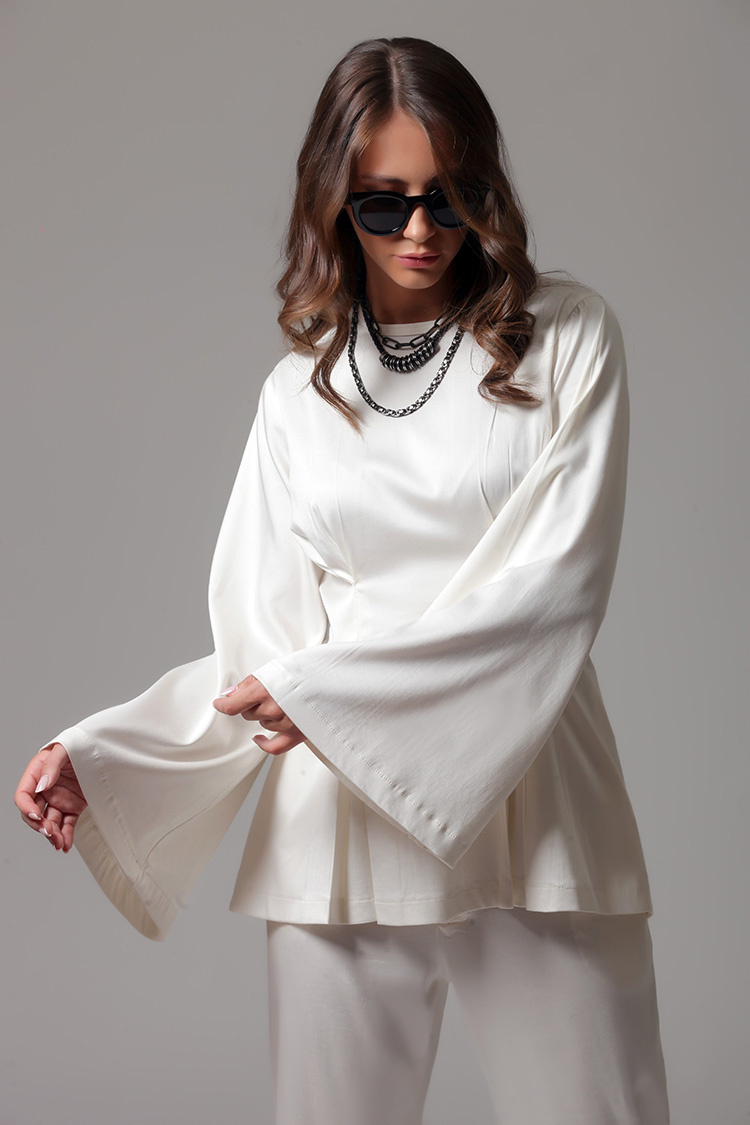 PLEATED BLOUSE WITH FLARED SLEEVES WHITE