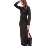 PLEATED LONG DRESS WITH LOGO PIN DETAIL