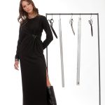 PLEATED LONG DRESS WITH LOGO PIN DETAIL