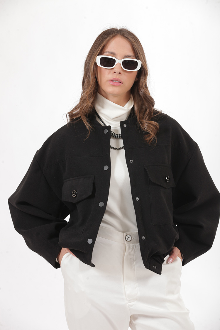 BOMBER JACKET WITH LARGE POCKETS AND LOGO BUTTONS BLACK