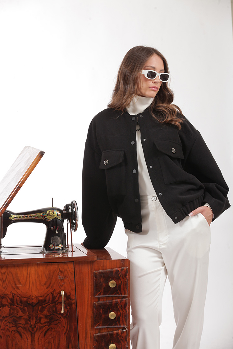 BOMBER JACKET WITH LARGE POCKETS AND LOGO BUTTONS BLACK