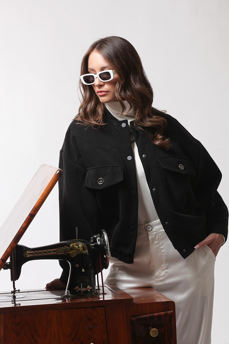 BOMBER JACKET WITH LARGE POCKETS AND LOGO BUTTONS BLACK