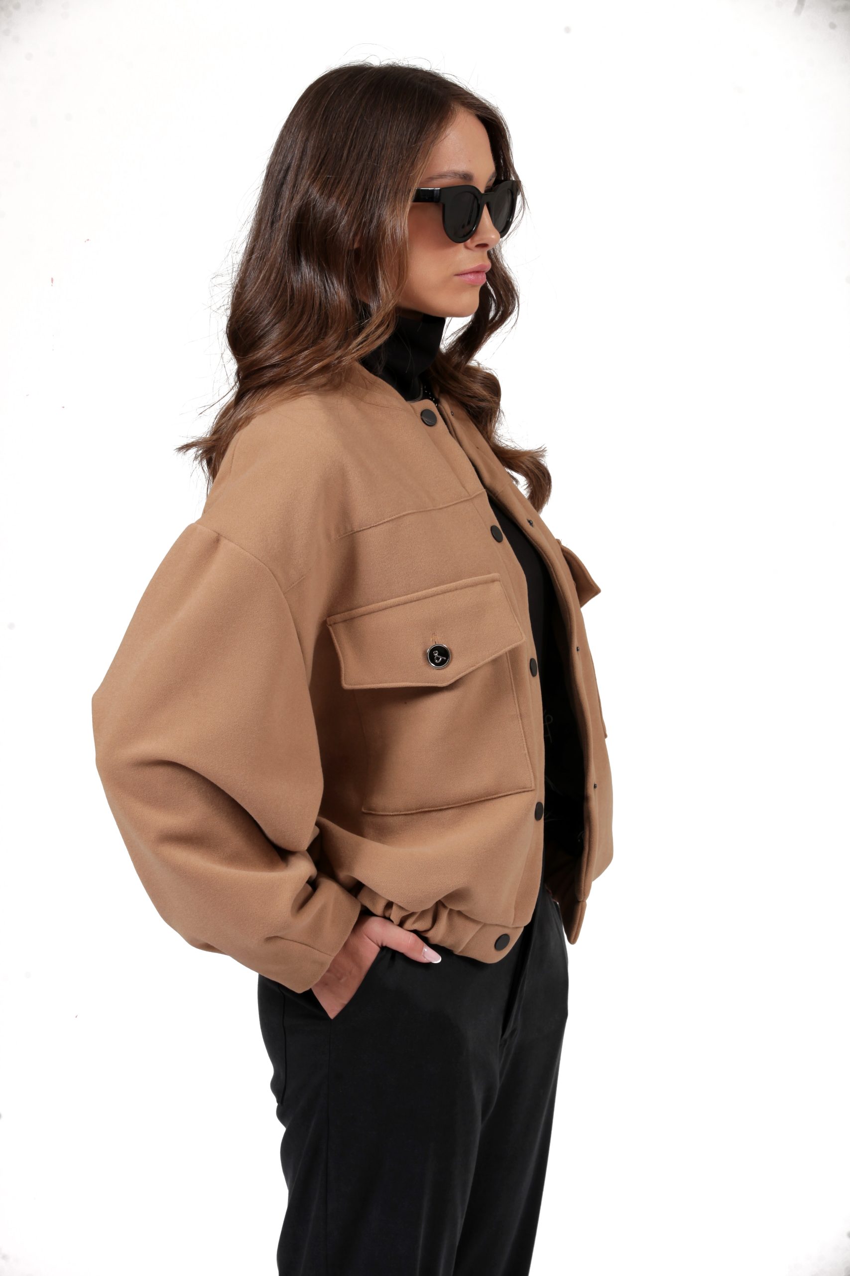 BOMBER JACKET WITH LARGE POCKETS AND LOGO BUTTONS CAMEL