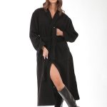 LONG BELTED COAT WITH SIDE SLITS BLACK