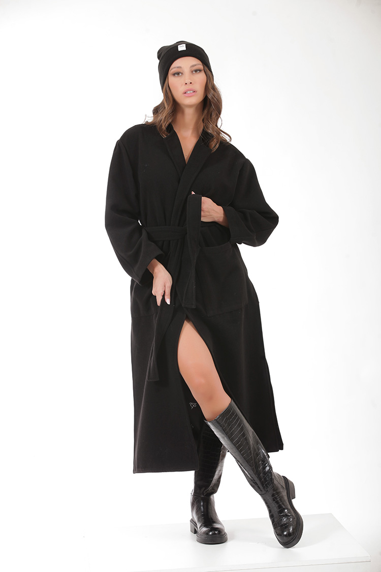 LONG BELTED COAT WITH SIDE SLITS BLACK