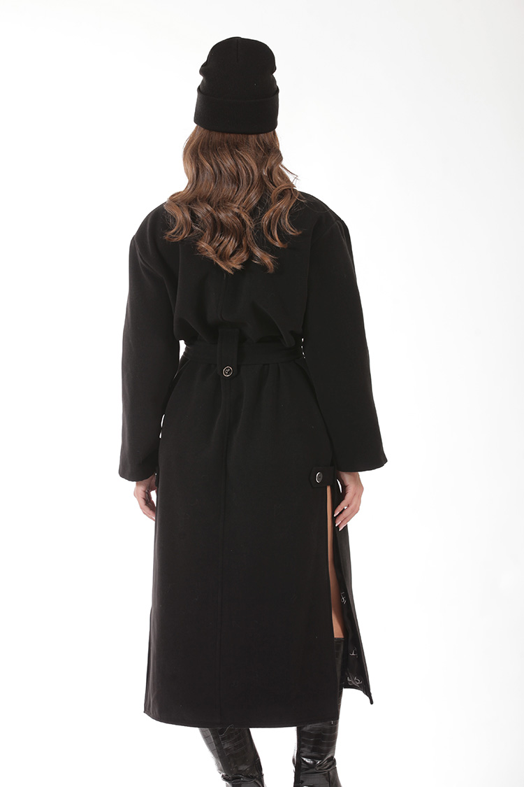 LONG BELTED COAT WITH SIDE SLITS BLACK
