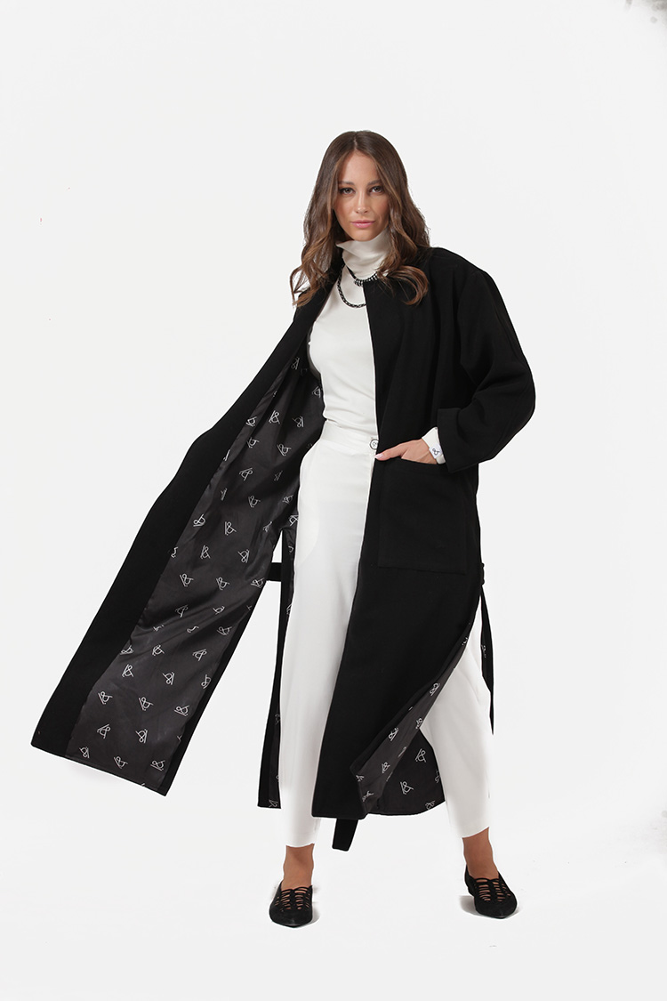 LONG BELTED COAT WITH SIDE SLITS BLACK