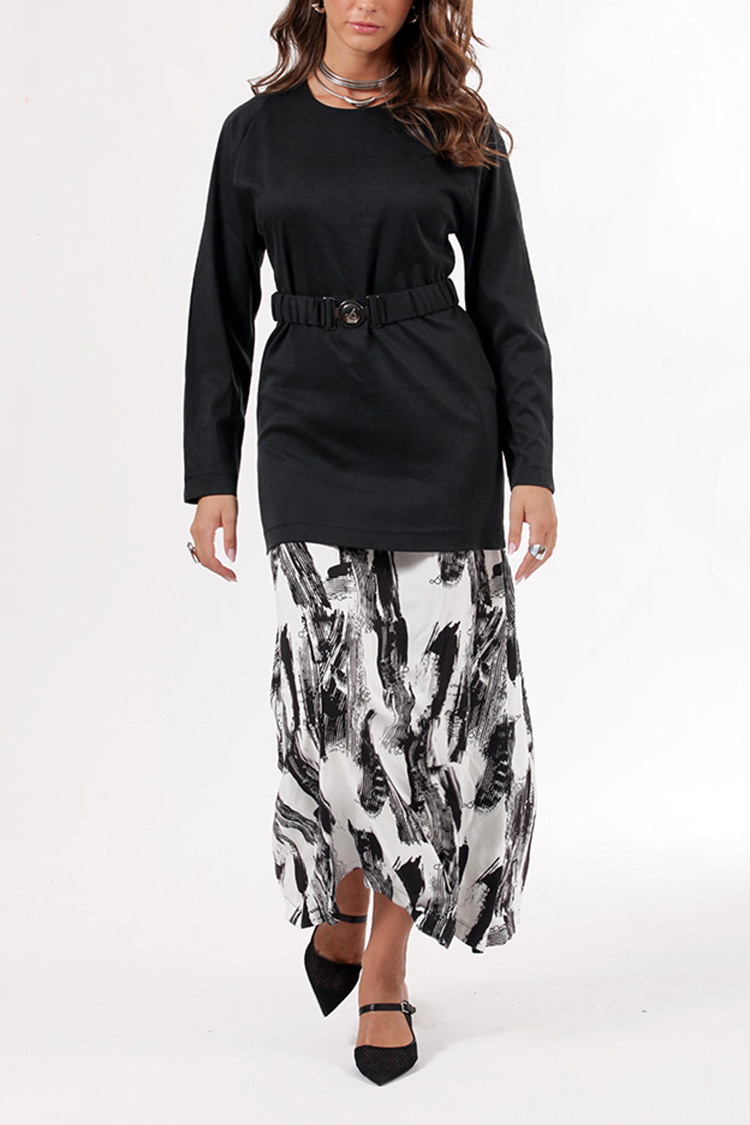 LONG PRINTED DRESS WITH DOUBLE-LAYERED FABRIC AND BELT