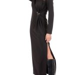 PLEATED LONG DRESS WITH LOGO PIN DETAIL