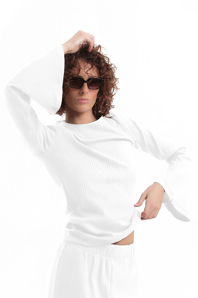 RIBBED LONG SLEEVE TOP-WHITE