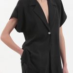 BLAZER WITH OVERSIZED SHOULDERS AND LOGO BUTTON DETAIL — BLACK