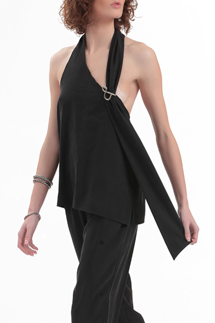BACKLESS TOP WITH LOGO PIN DETAIL — BLACK