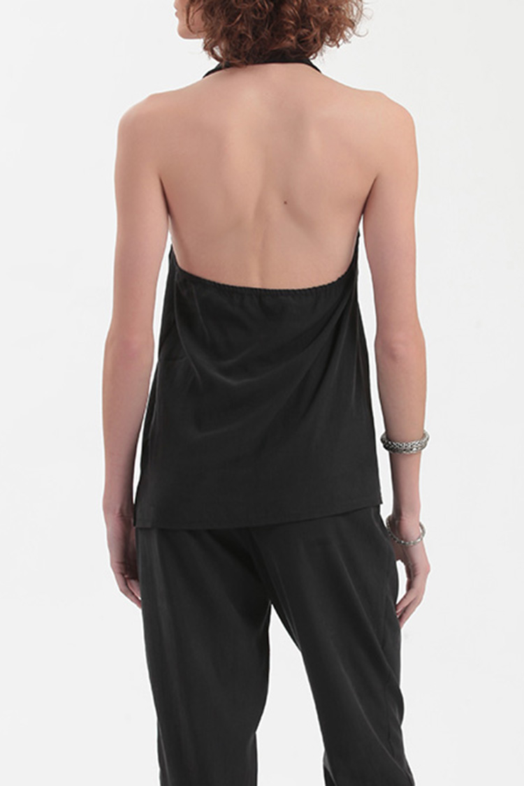 BACKLESS TOP WITH LOGO PIN DETAIL — BLACK