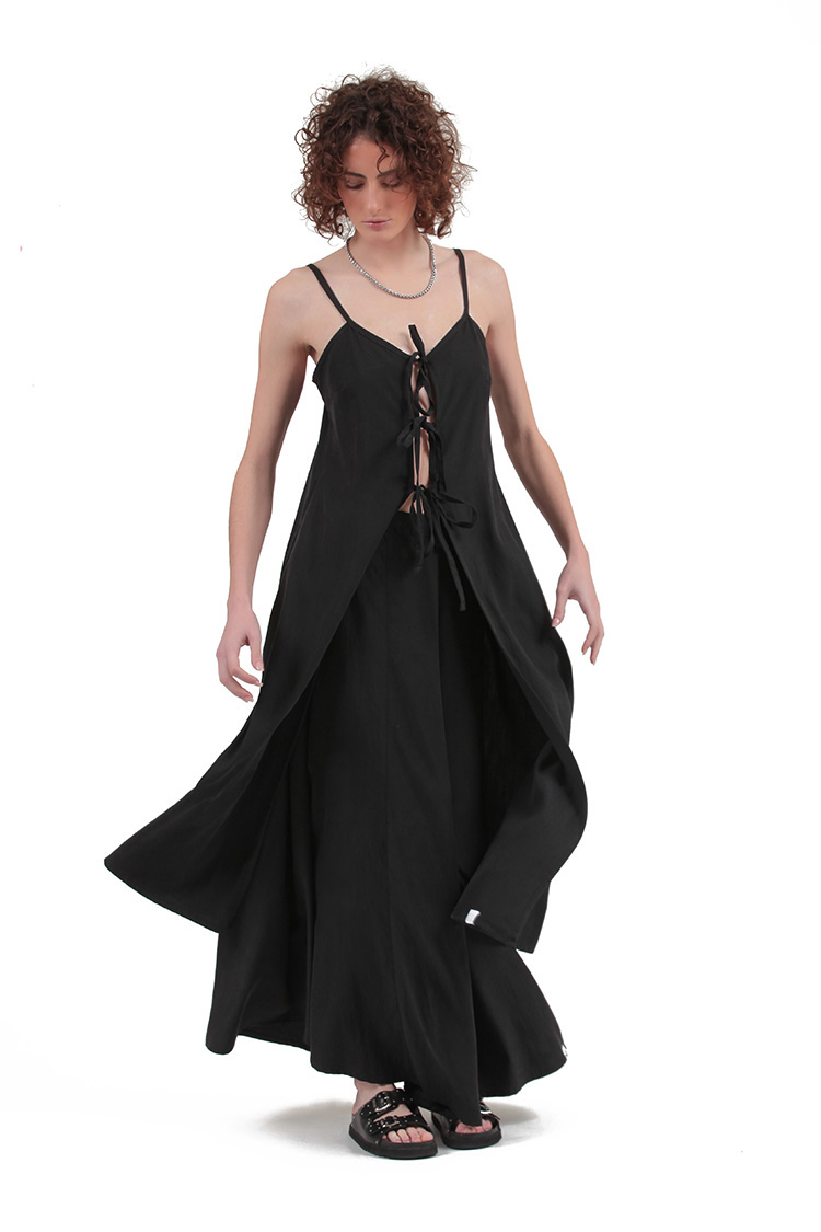 LONGLINE TOP WITH FRONT TIES — BLACK