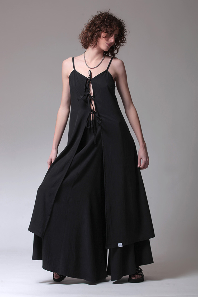 LONGLINE TOP WITH FRONT TIES — BLACK
