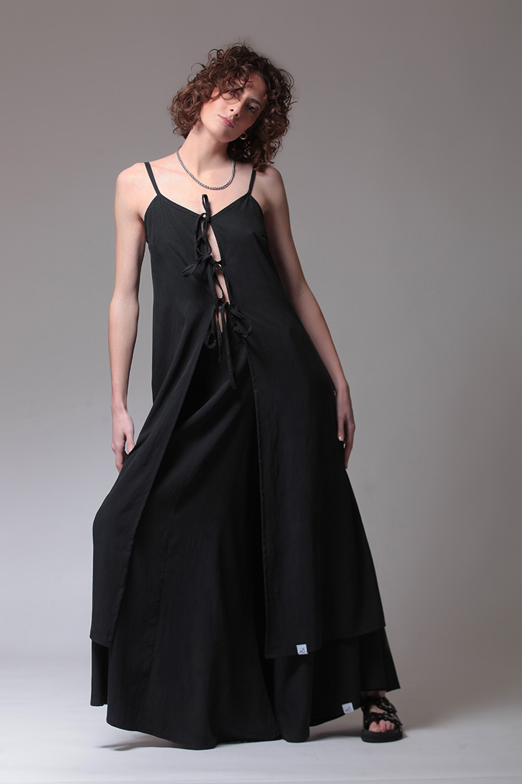 LONGLINE TOP WITH FRONT TIES — BLACK