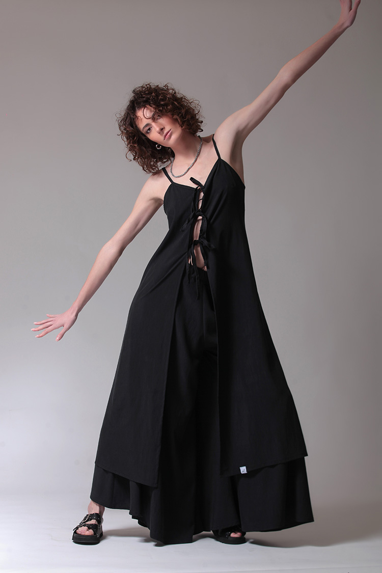 LONGLINE TOP WITH FRONT TIES — BLACK