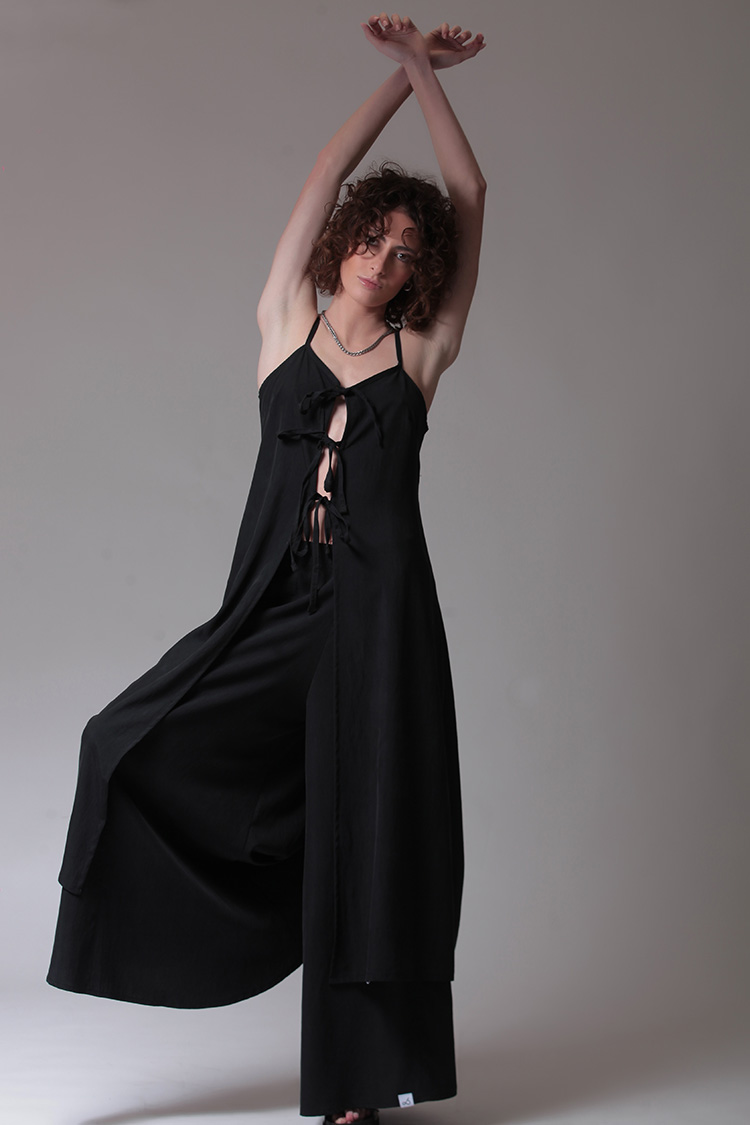 LONGLINE TOP WITH FRONT TIES — BLACK
