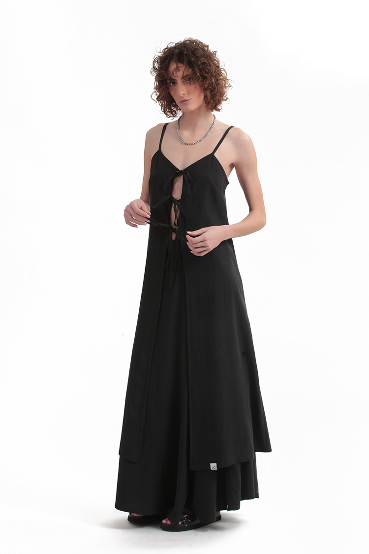 LONGLINE TOP WITH FRONT TIES — BLACK