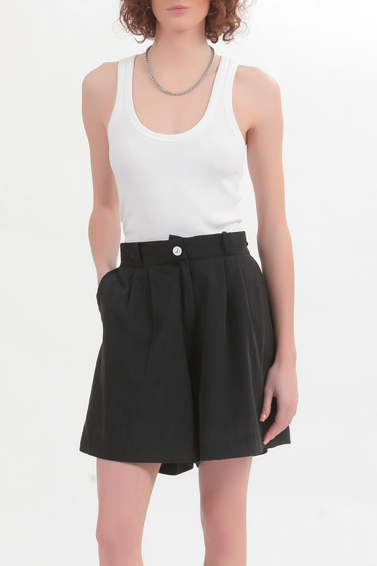 BERMUDA SHORTS WITH ELASTICATED WAIST AND LOGO BUTTON DETAIL — BLACK