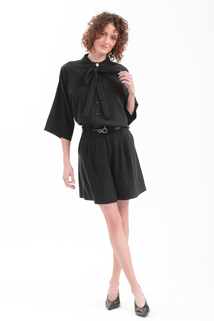 BERMUDA SHORTS WITH ELASTICATED WAIST AND LOGO BUTTON DETAIL — BLACK