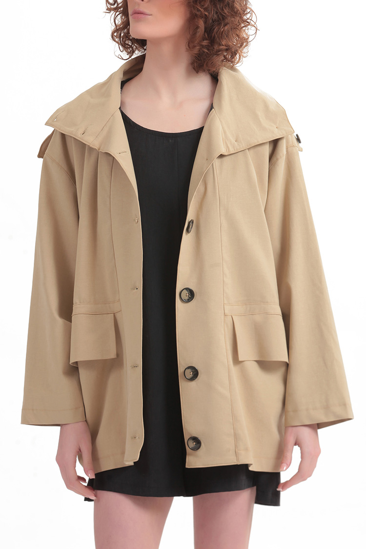 SHORT TRENCH COAT WITH REMOVABLE HOOD DETAIL — BEIGE