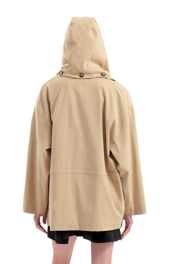 SHORT TRENCH COAT WITH REMOVABLE HOOD DETAIL — BEIGE