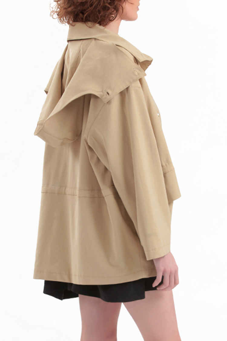 SHORT TRENCH COAT WITH REMOVABLE HOOD DETAIL — BEIGE