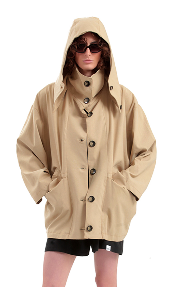 SHORT TRENCH COAT WITH REMOVABLE HOOD DETAIL — BEIGE