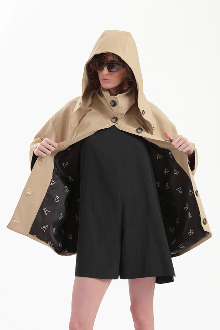 SHORT TRENCH COAT WITH REMOVABLE HOOD DETAIL — BEIGE