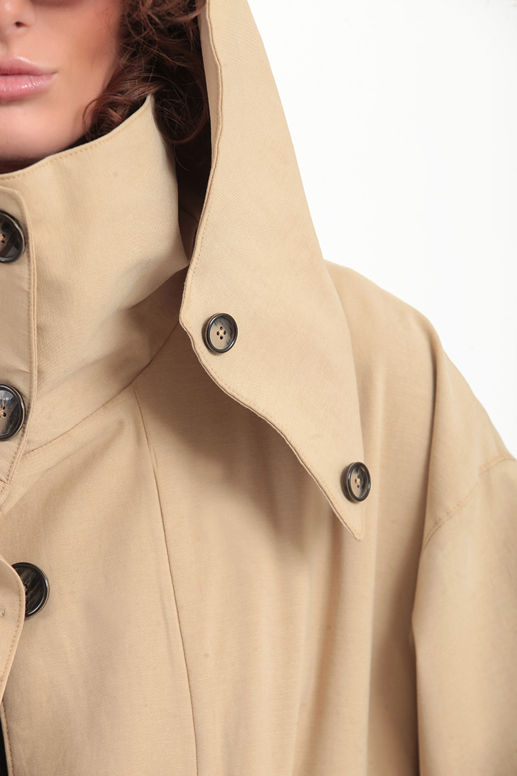 SHORT TRENCH COAT WITH REMOVABLE HOOD DETAIL — BEIGE