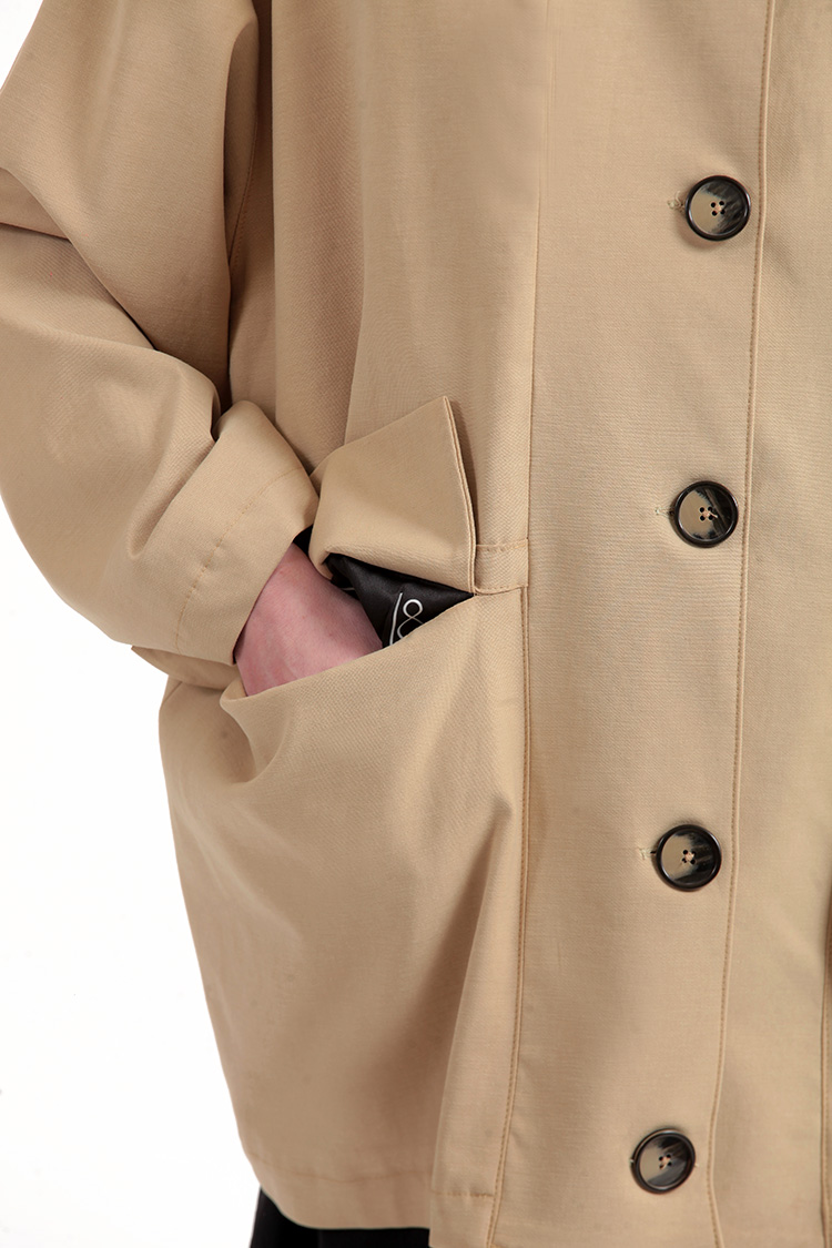 SHORT TRENCH COAT WITH REMOVABLE HOOD DETAIL — BEIGE