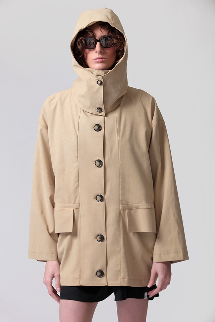 SHORT TRENCH COAT WITH REMOVABLE HOOD DETAIL — BEIGE