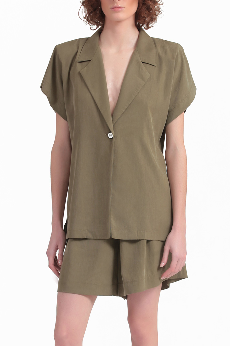 BLAZER WITH OVERSIZED SHOULDERS AND LOGO BUTTON DETAIL — CHAKI