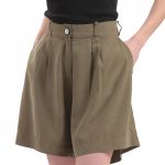 BERMUDA SHORTS WITH ELASTICATED WAIST AND LOGO BUTTON DETAIL — CHAKI