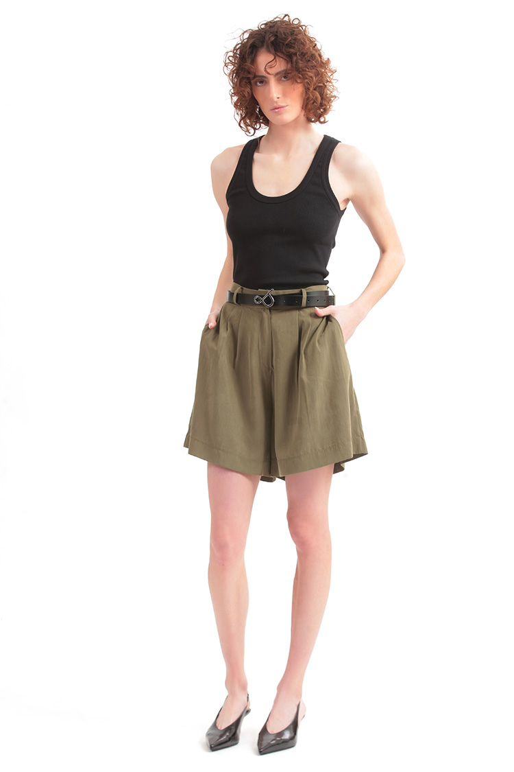 BERMUDA SHORTS WITH ELASTICATED WAIST AND LOGO BUTTON DETAIL — CHAKI