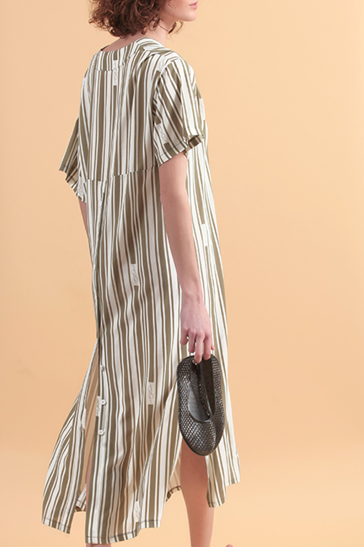 STRIPE LONGLINE SHIRT WITH V NECKLINE AND BACK BUTTONS DETAIL — STRIPE