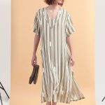 STRIPE LONGLINE SHIRT WITH V NECKLINE AND BACK BUTTONS DETAIL — STRIPE