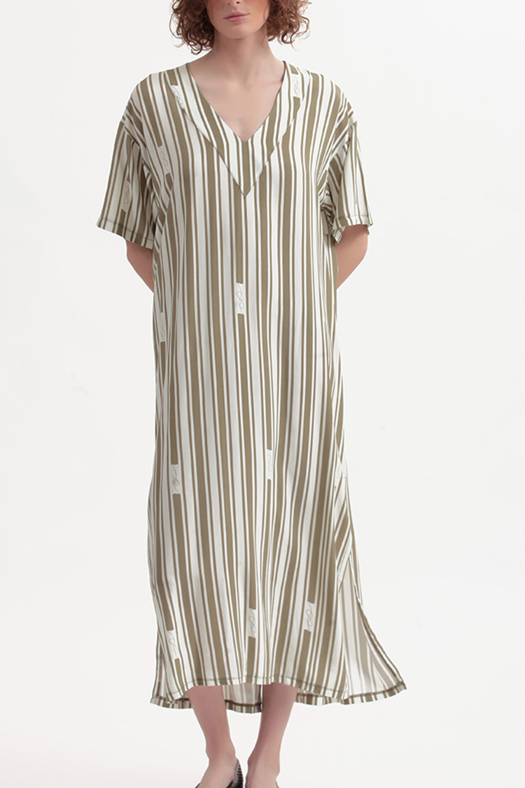 STRIPE LONGLINE SHIRT WITH V NECKLINE AND BACK BUTTONS DETAIL — STRIPE