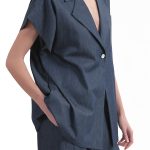 SHORT SLEEVE BLAZER WITH OVERSIZED SHOULDERS AND LOGO BUTTON DETAIL — DENIM