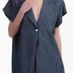 SHORT SLEEVE BLAZER WITH OVERSIZED SHOULDERS AND LOGO BUTTON DETAIL — DENIM