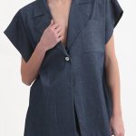 SHORT SLEEVE BLAZER WITH OVERSIZED SHOULDERS AND LOGO BUTTON DETAIL — DENIM