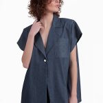 SHORT SLEEVE BLAZER WITH OVERSIZED SHOULDERS AND LOGO BUTTON DETAIL — DENIM
