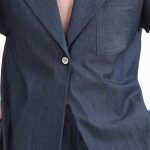 SHORT SLEEVE BLAZER WITH OVERSIZED SHOULDERS AND LOGO BUTTON DETAIL — DENIM