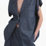 SHORT SLEEVE BLAZER WITH OVERSIZED SHOULDERS AND LOGO BUTTON DETAIL — DENIM