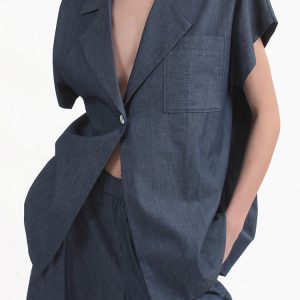 SHORT SLEEVE BLAZER WITH OVERSIZED SHOULDERS AND LOGO BUTTON DETAIL — DENIM