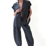 SHORT SLEEVE BLAZER WITH OVERSIZED SHOULDERS AND LOGO BUTTON DETAIL — DENIM